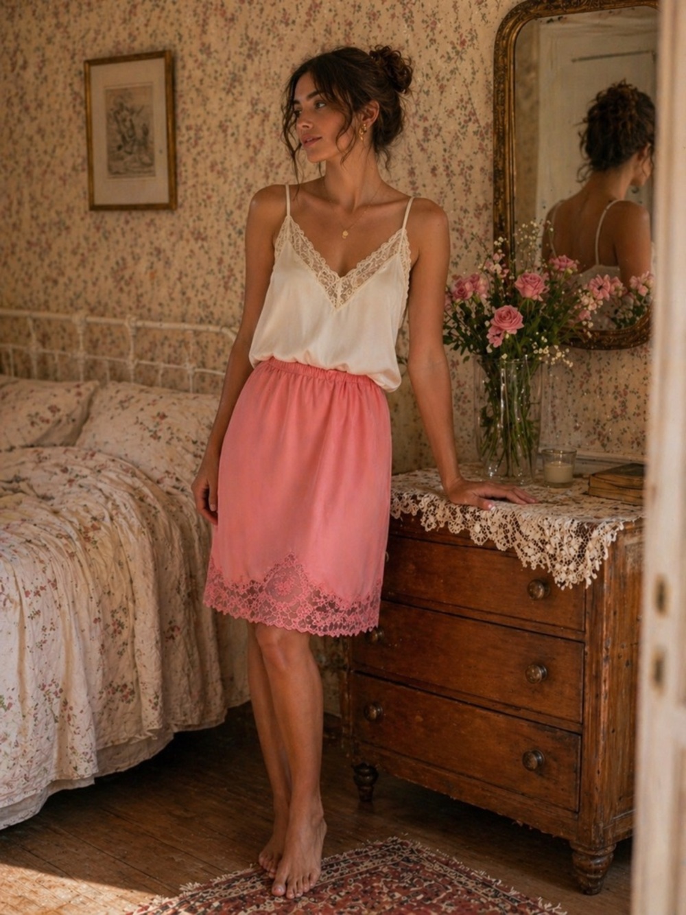 Van Raalte Vintage Lace-Trim Coral Pink Slip Skirt